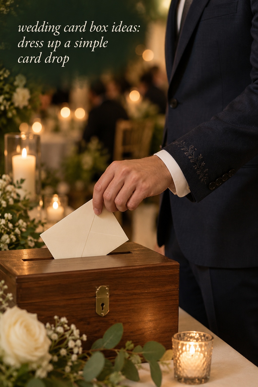 Wedding card box ideas: a cream envelope beside a tailored navy suit cuff