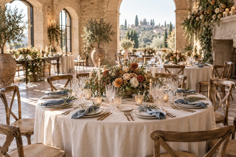 wedding color ideas in an ivory, dusty blue, rust and olive reception room