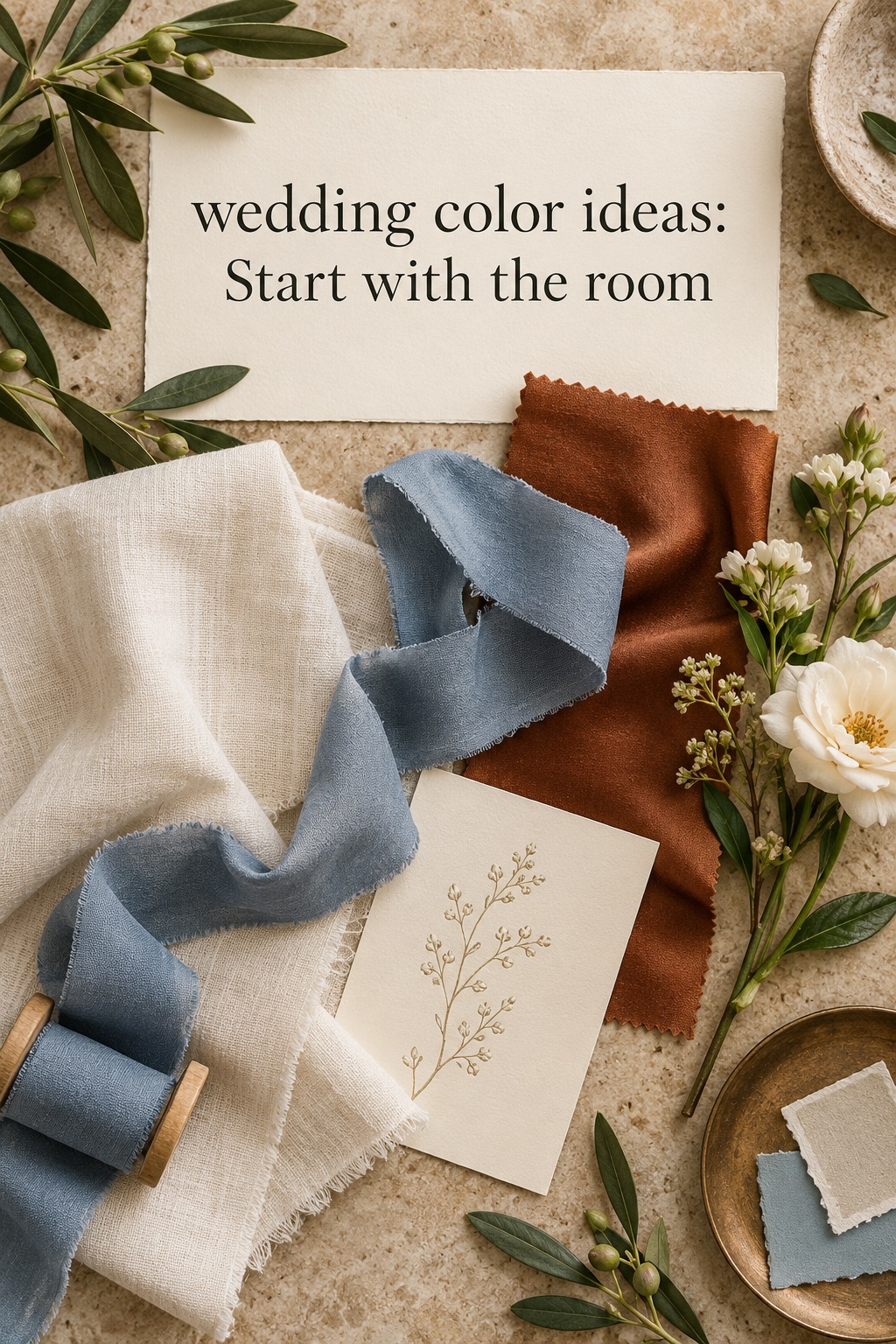 wedding color ideas flat lay with blue ribbon, rust silk, ivory linen and olive foliage