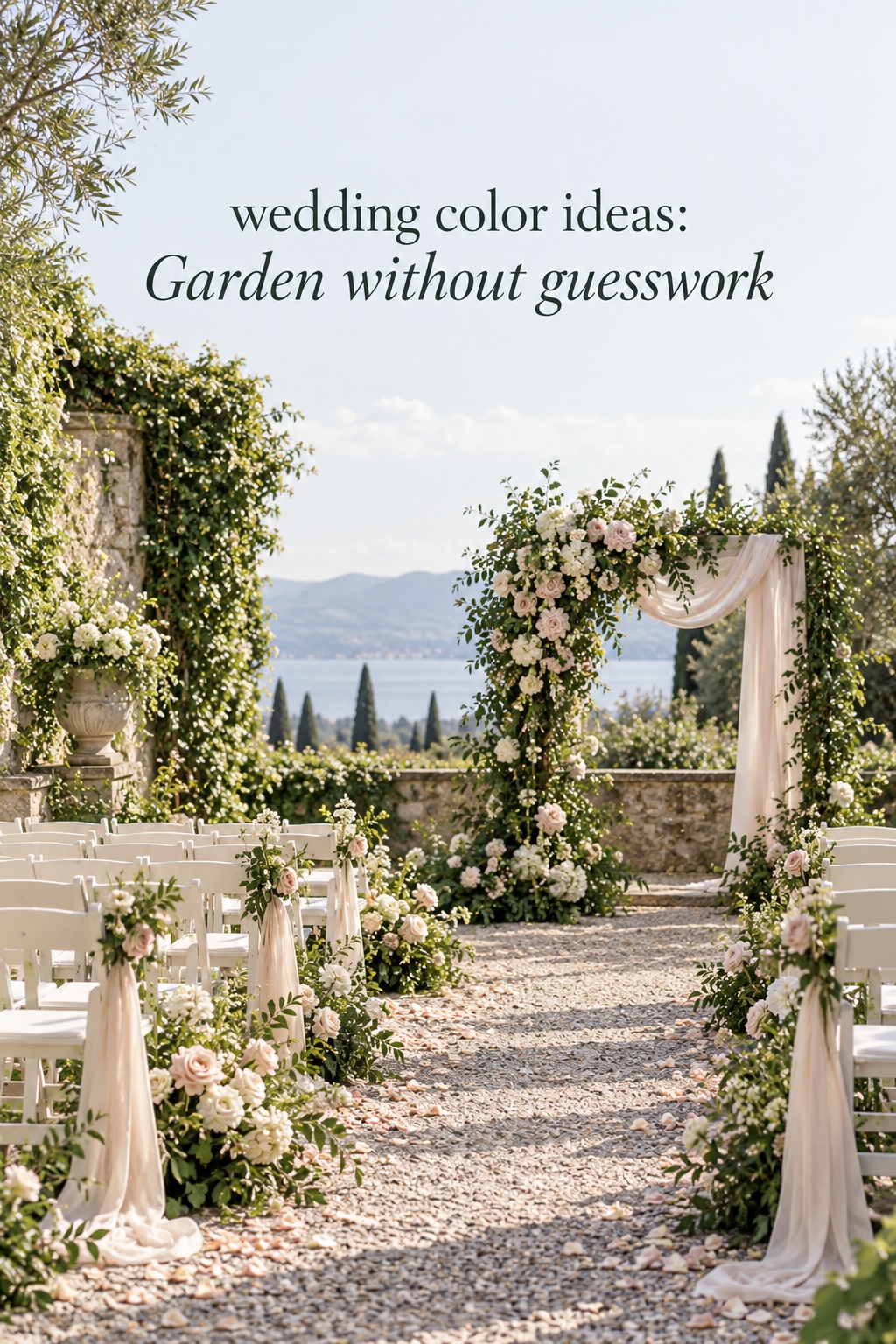 wedding color ideas for an ivory and blush garden ceremony with olive foliage