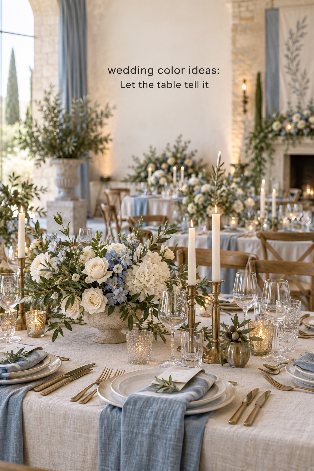 wedding color ideas on a reception table with blue napkins, ivory linen and brass