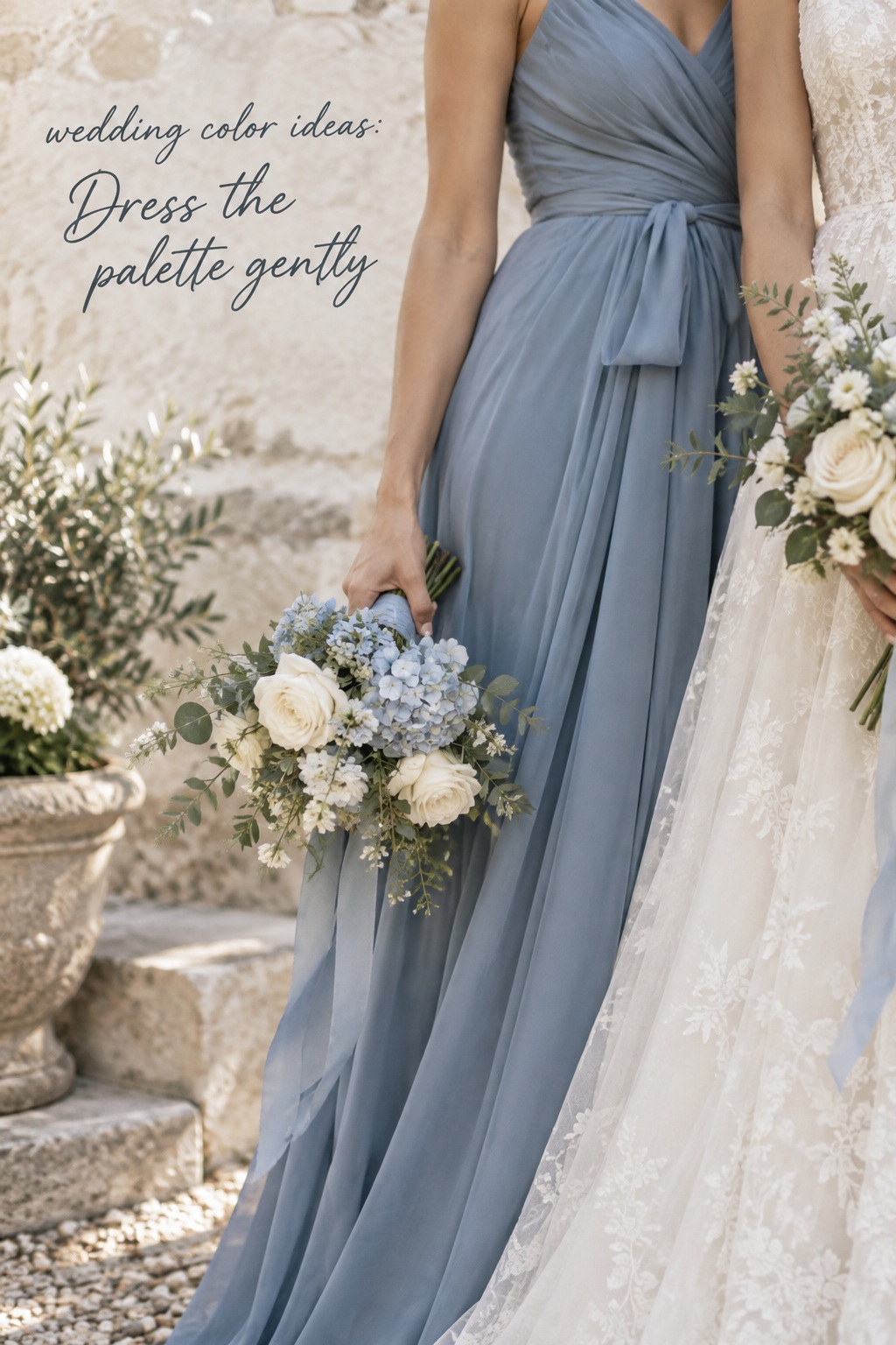 wedding color ideas shown in blue bridesmaid fabric, ivory bridal lace and flowers