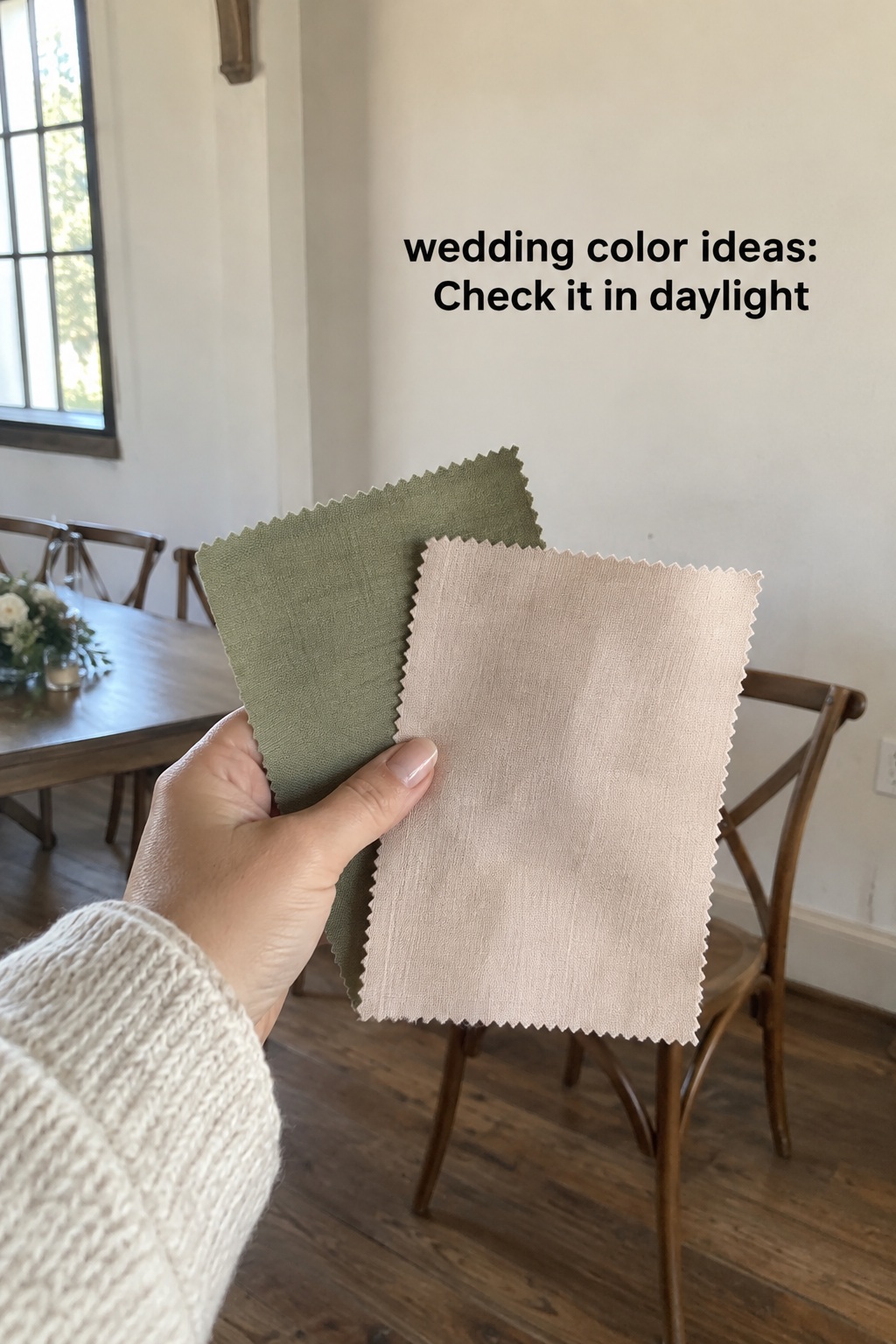 wedding color ideas checked with olive and oat fabric swatches inside a venue