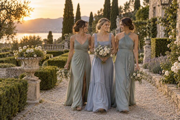 Wedding dress ideas for sisters in complementary formal gowns at a garden wedding