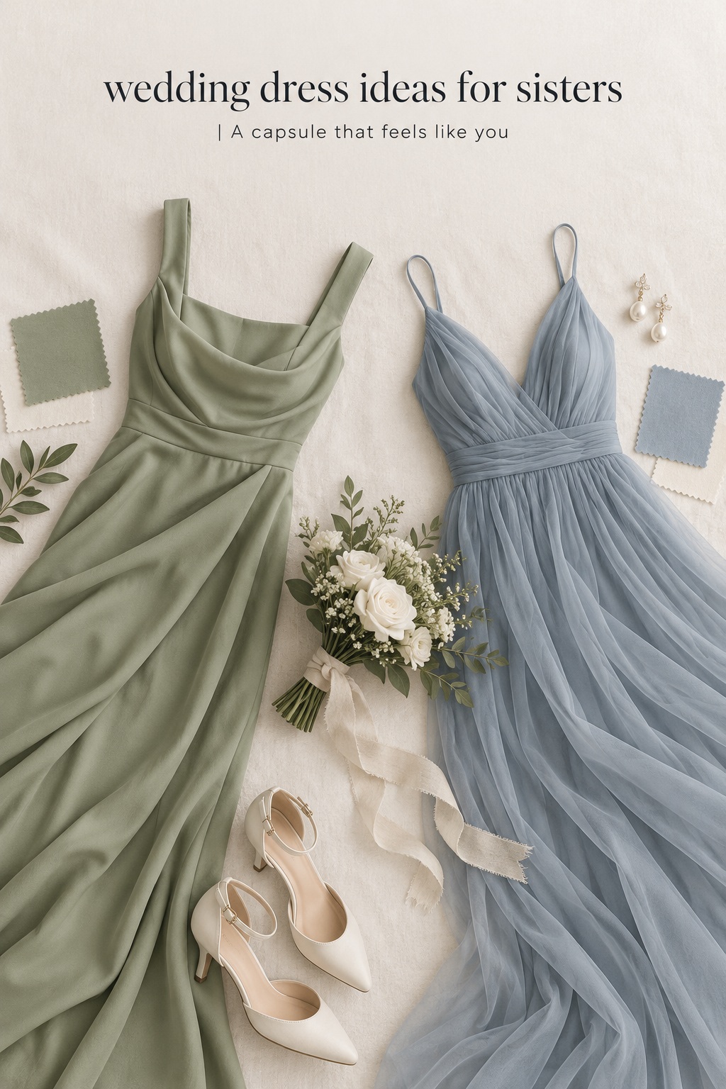 Wedding dress ideas for sisters in a sage and dusty blue capsule palette