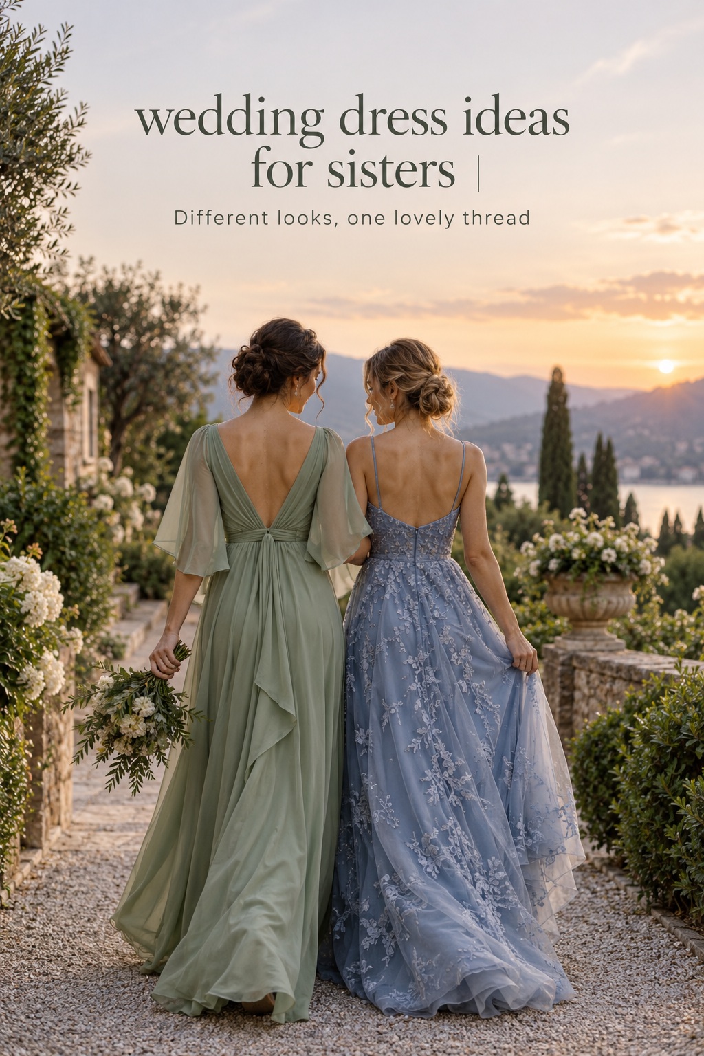 Wedding dress ideas for sisters with distinct coordinated sage and blue gowns