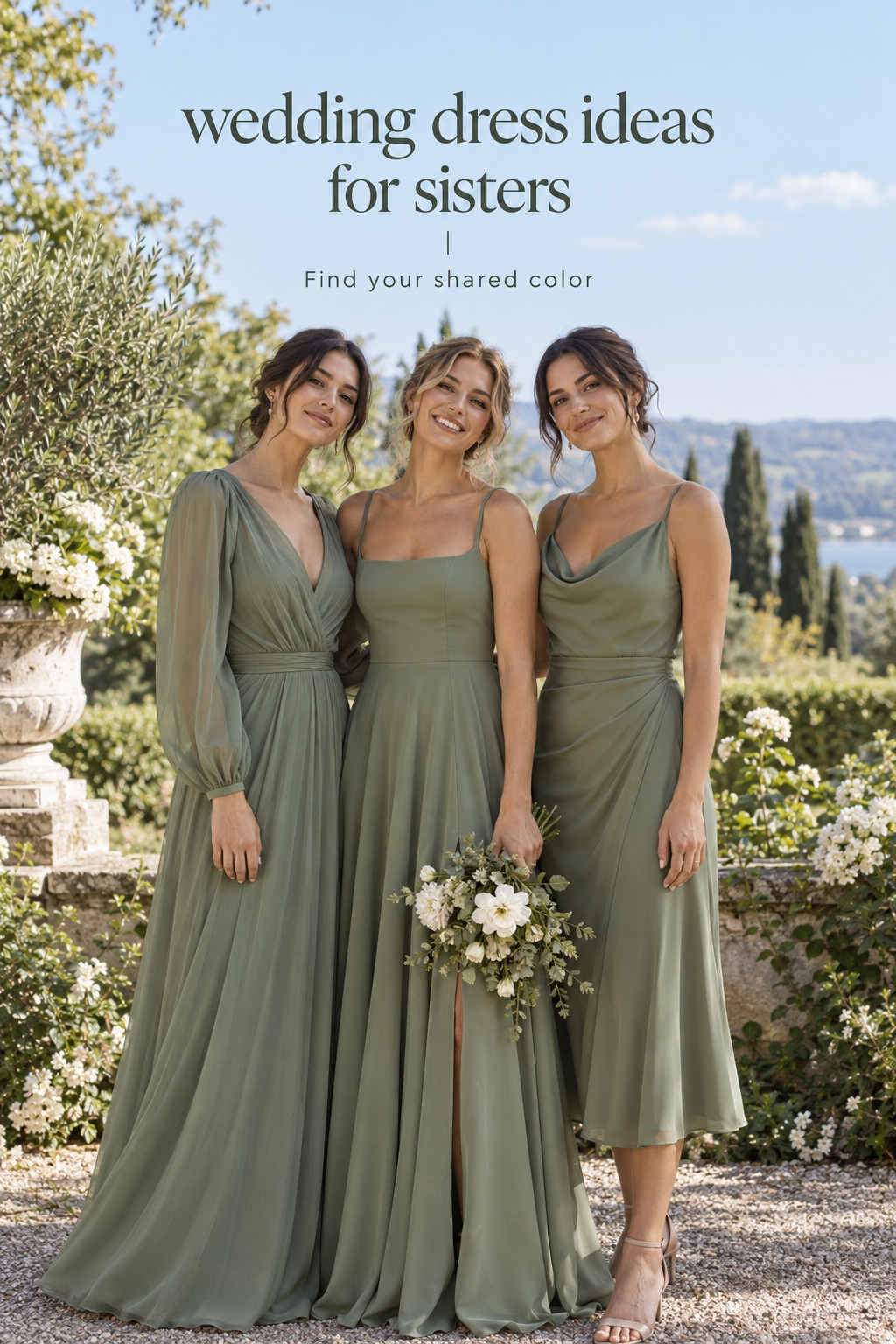 Wedding dress ideas for sisters in different silhouettes within one color family