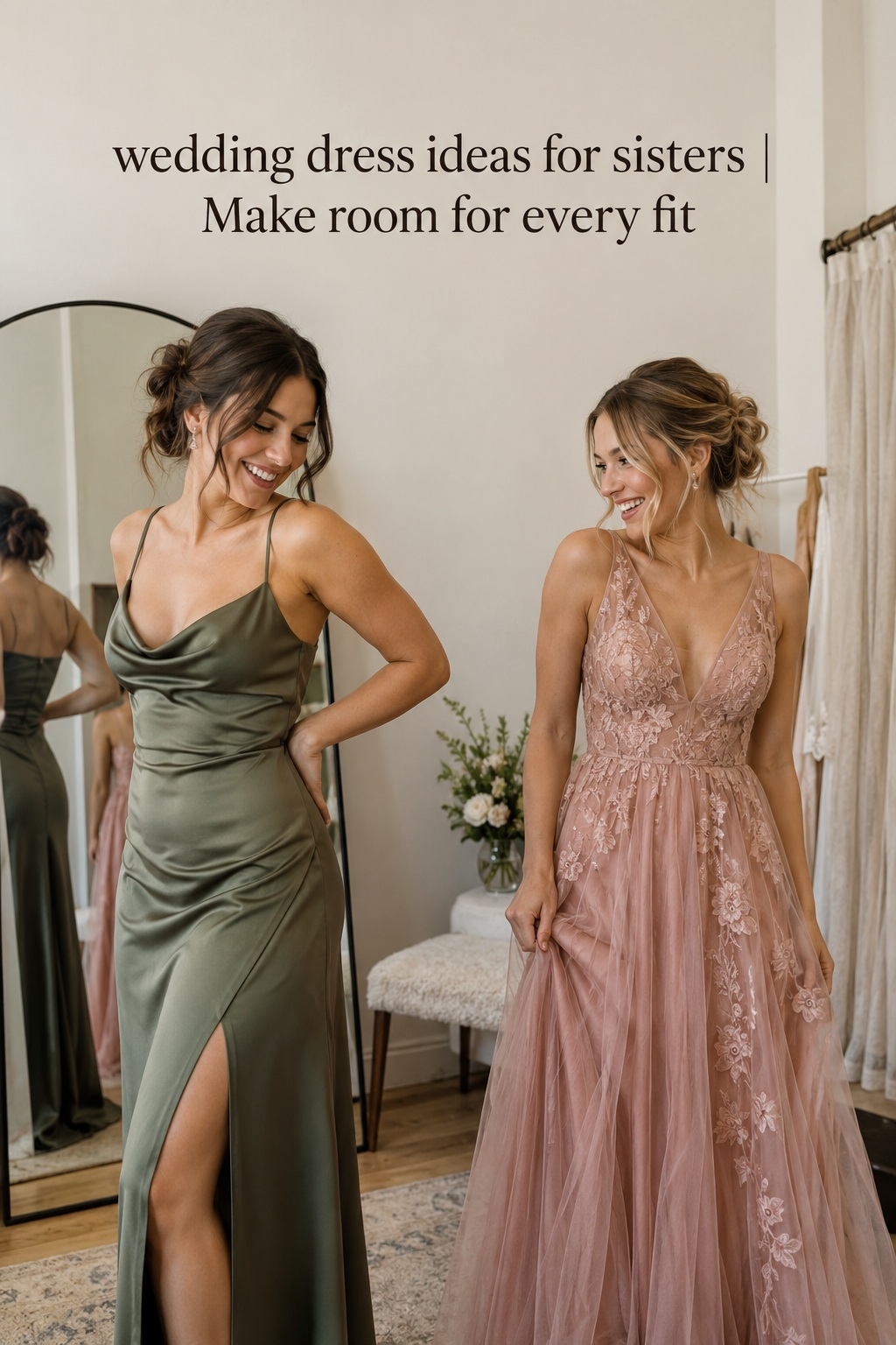 Wedding dress ideas for sisters during an illustrative fitting of different gowns