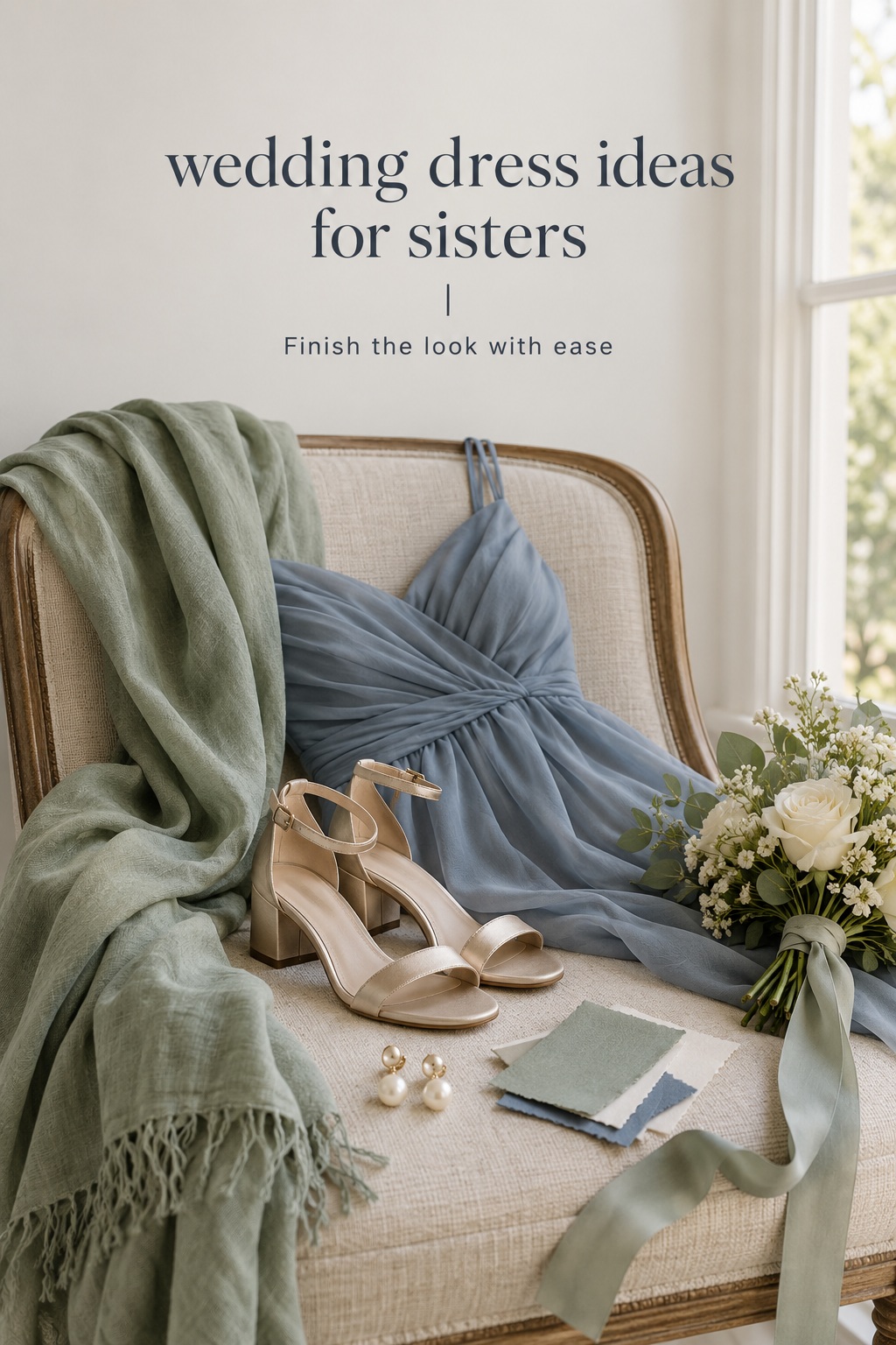 Wedding dress ideas for sisters styled with coordinated wraps, shoes, and accessories