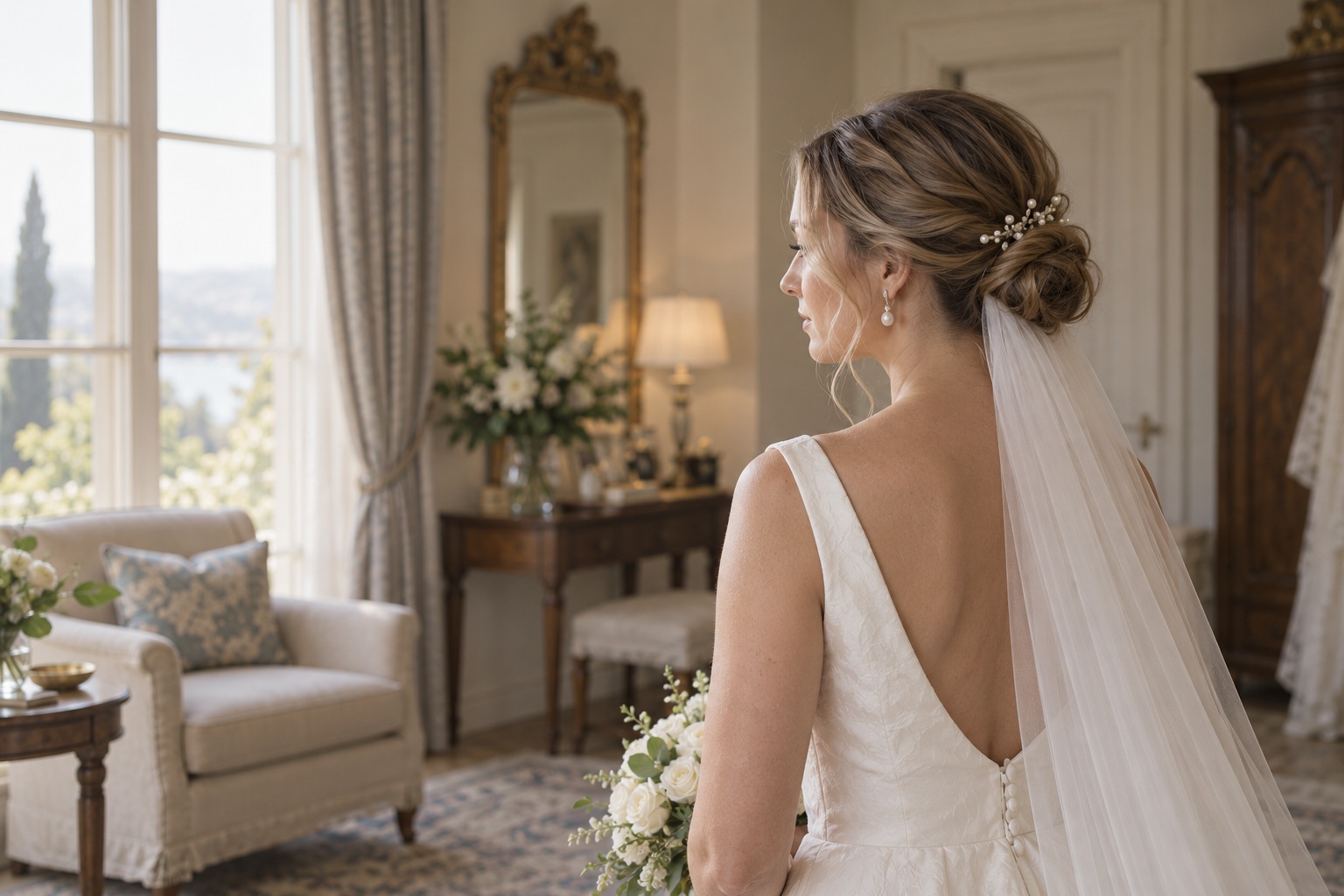 Wedding hair ideas featuring a textured bridal updo with a veil