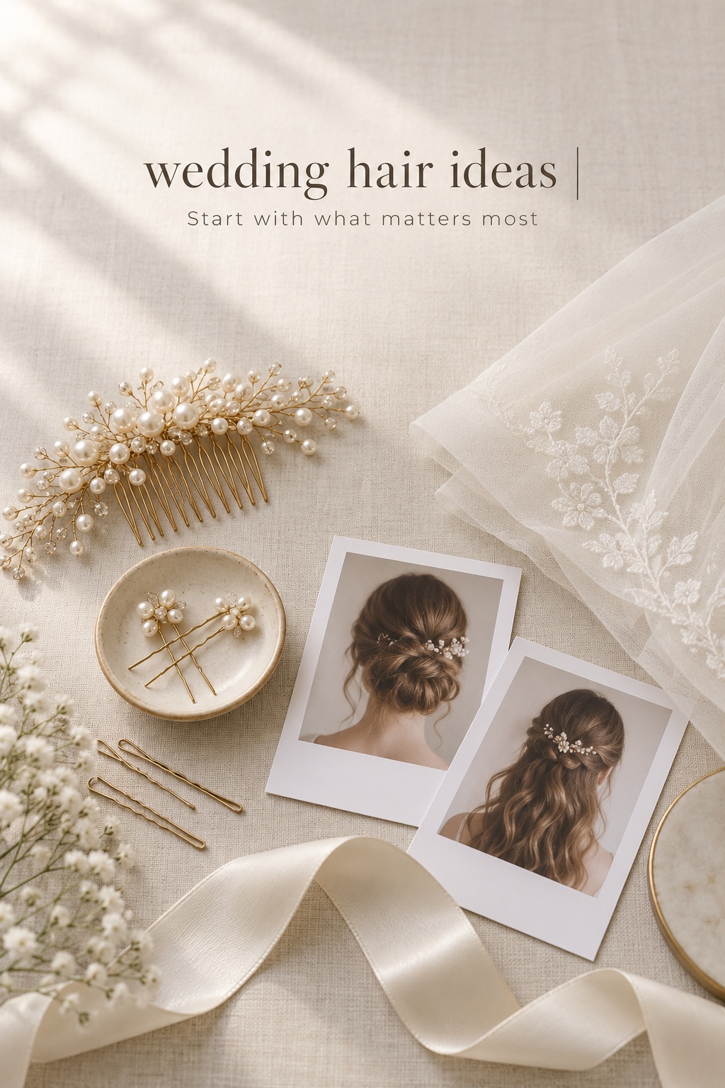 Wedding hair ideas with a veil swatch, pearl comb, hairpins, and styling references