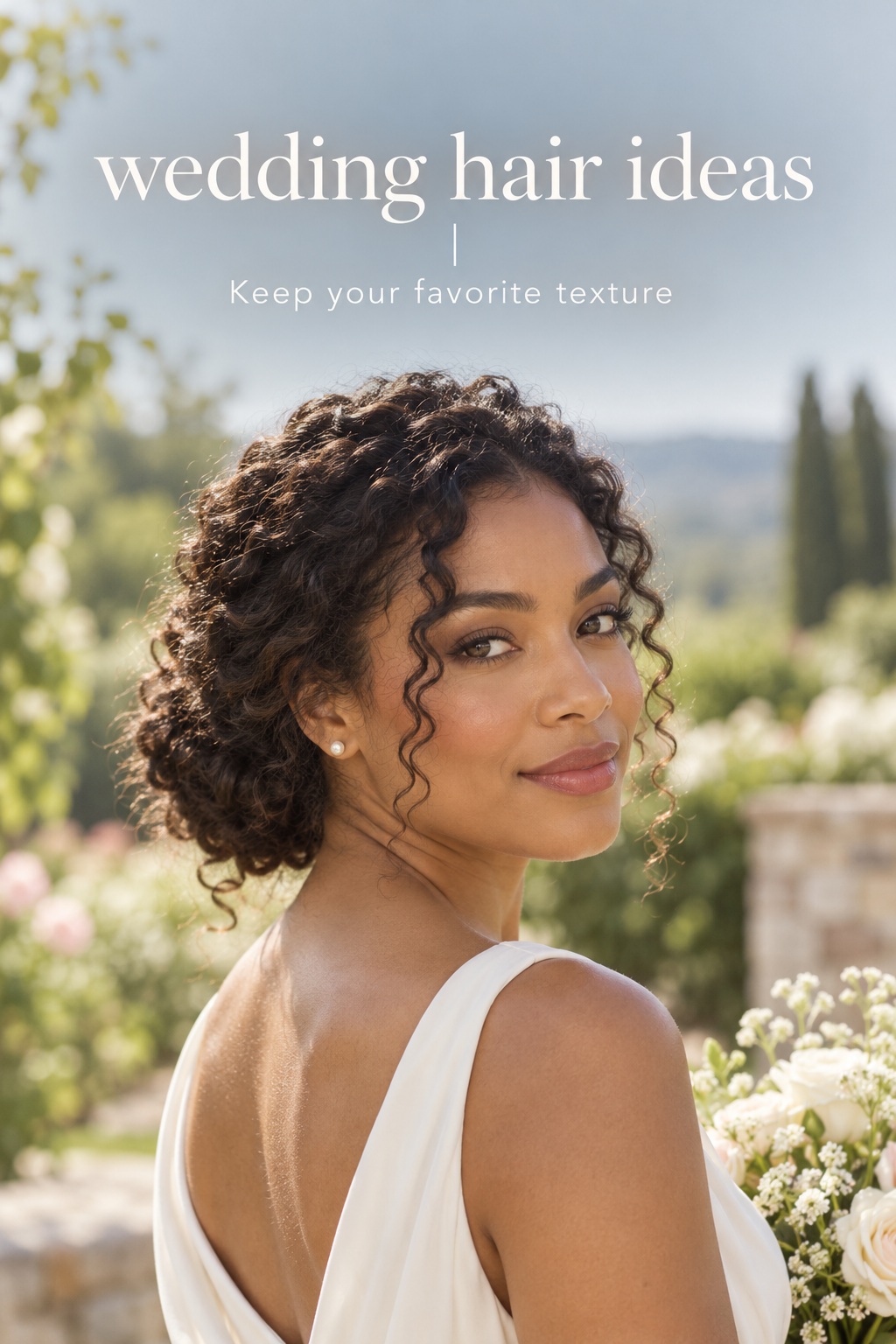 Wedding hair ideas for a bride keeping her natural curls in a soft low updo