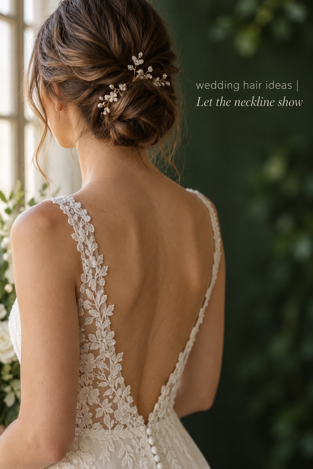 Wedding hair ideas featuring a jeweled low chignon beside an open-back lace gown