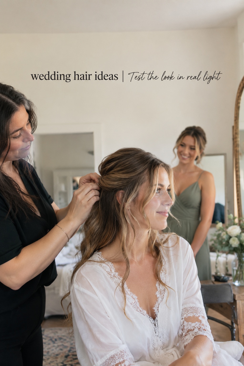 Wedding hair ideas shown in an illustrative candid bridal hairstyle trial