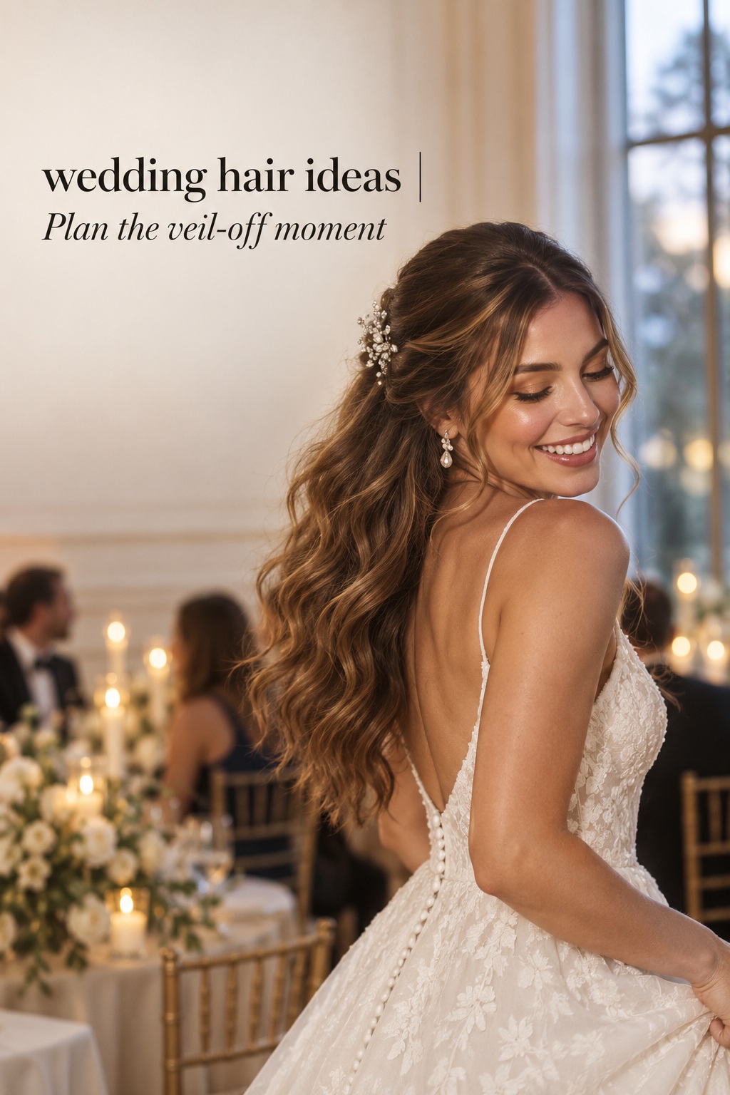 Wedding hair ideas for transitioning from a veil to loose reception waves