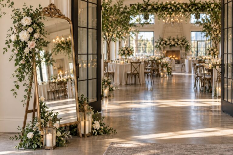 wedding mirror ideas with a floral framed mirror at an elegant reception entrance