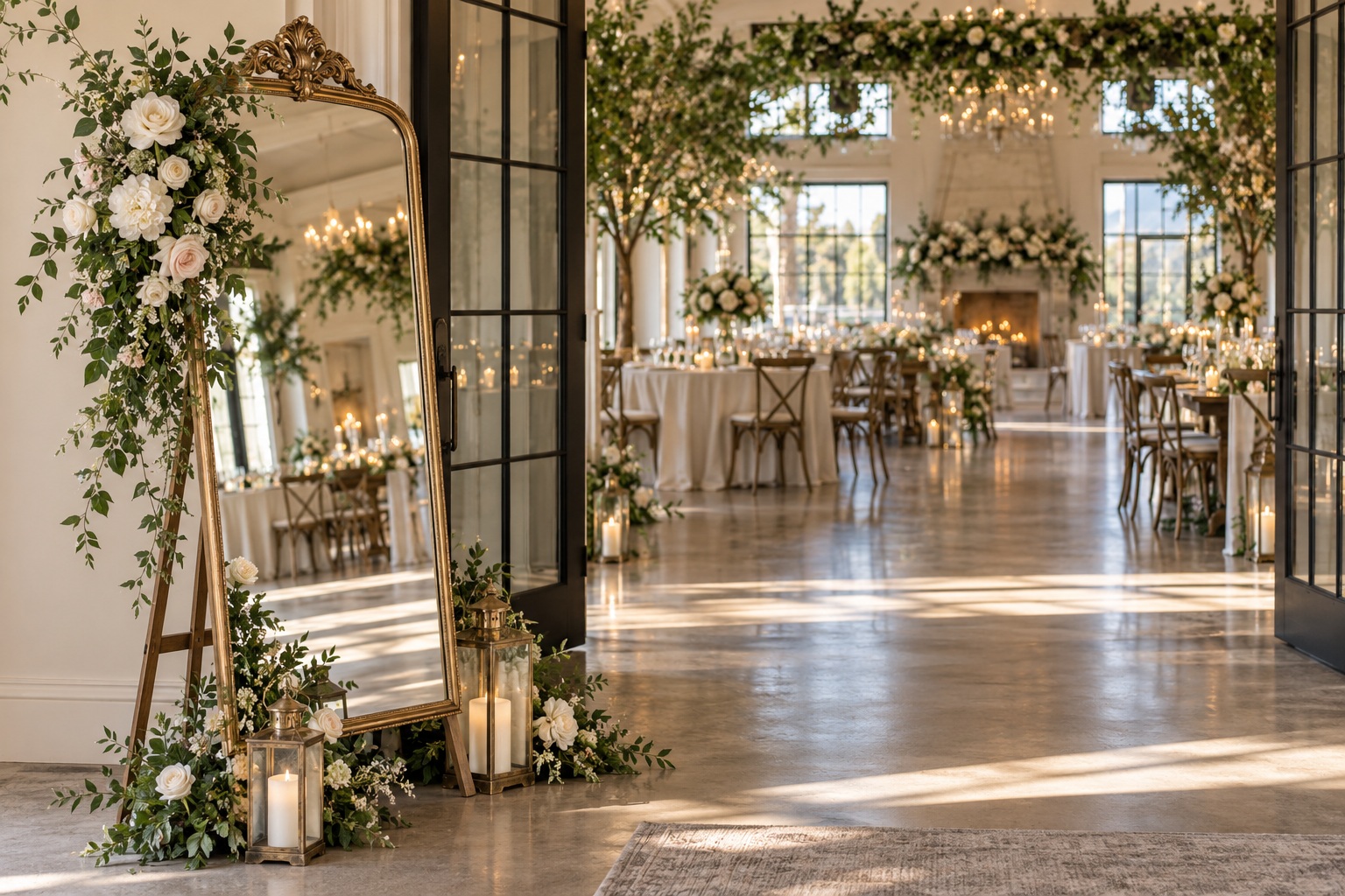 wedding mirror ideas with a floral framed mirror at an elegant reception entrance