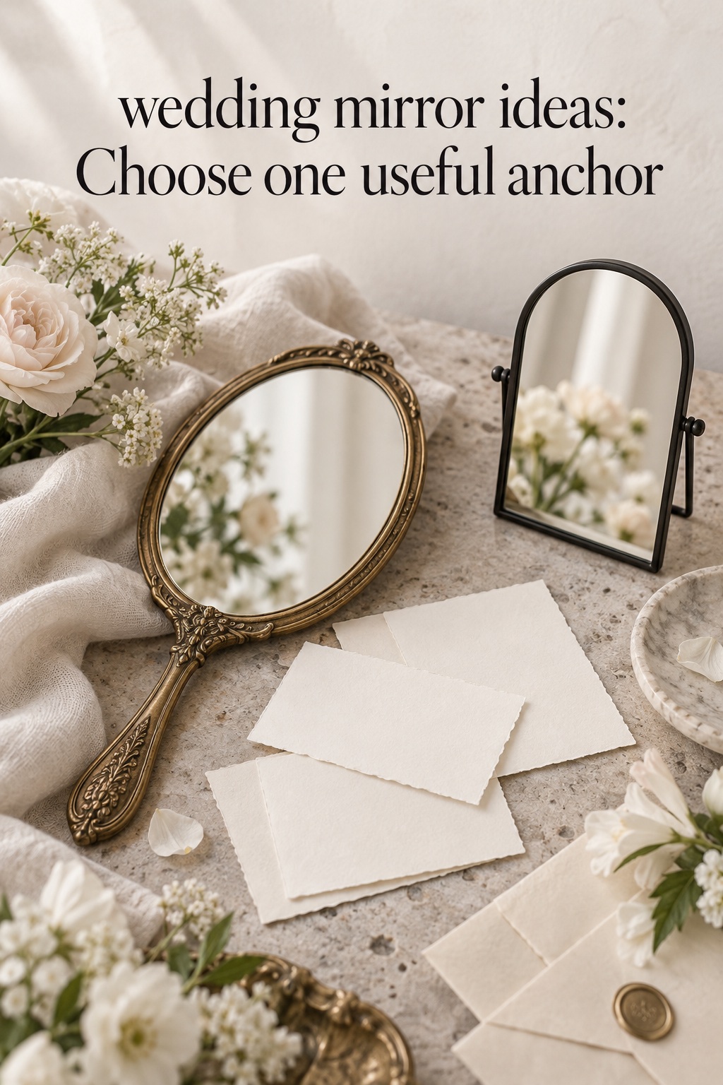 wedding mirror ideas flat lay with vintage brass mirror, black frame and ivory stationery