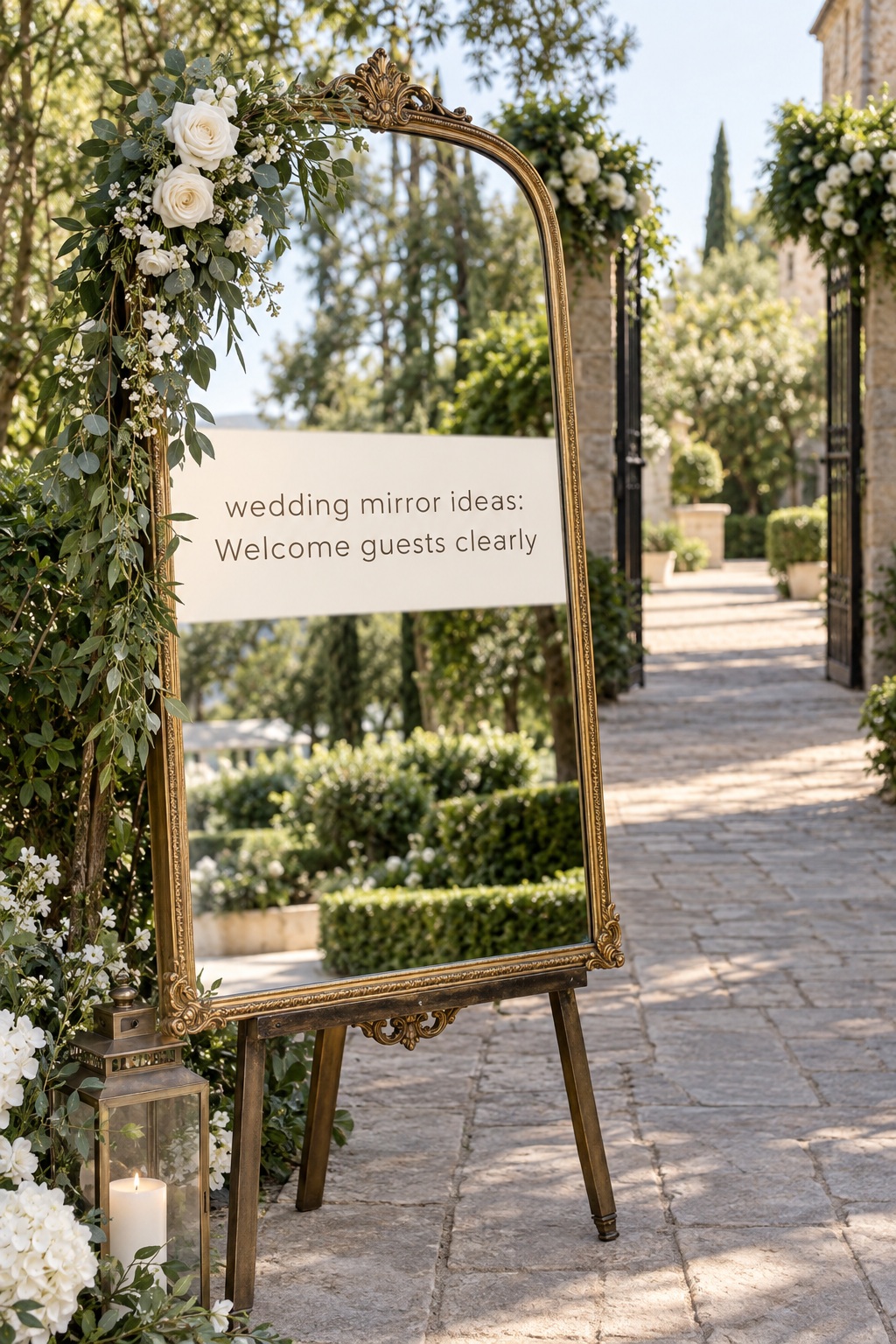 wedding mirror ideas with a gold framed welcome mirror at a garden entrance