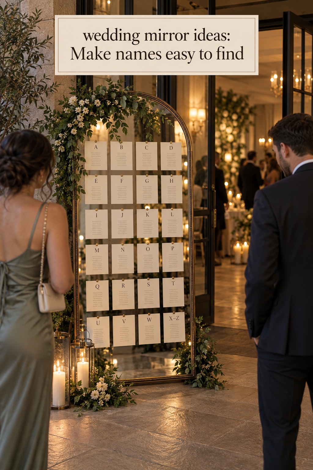 wedding mirror ideas for an alphabetical seating display at a reception entrance