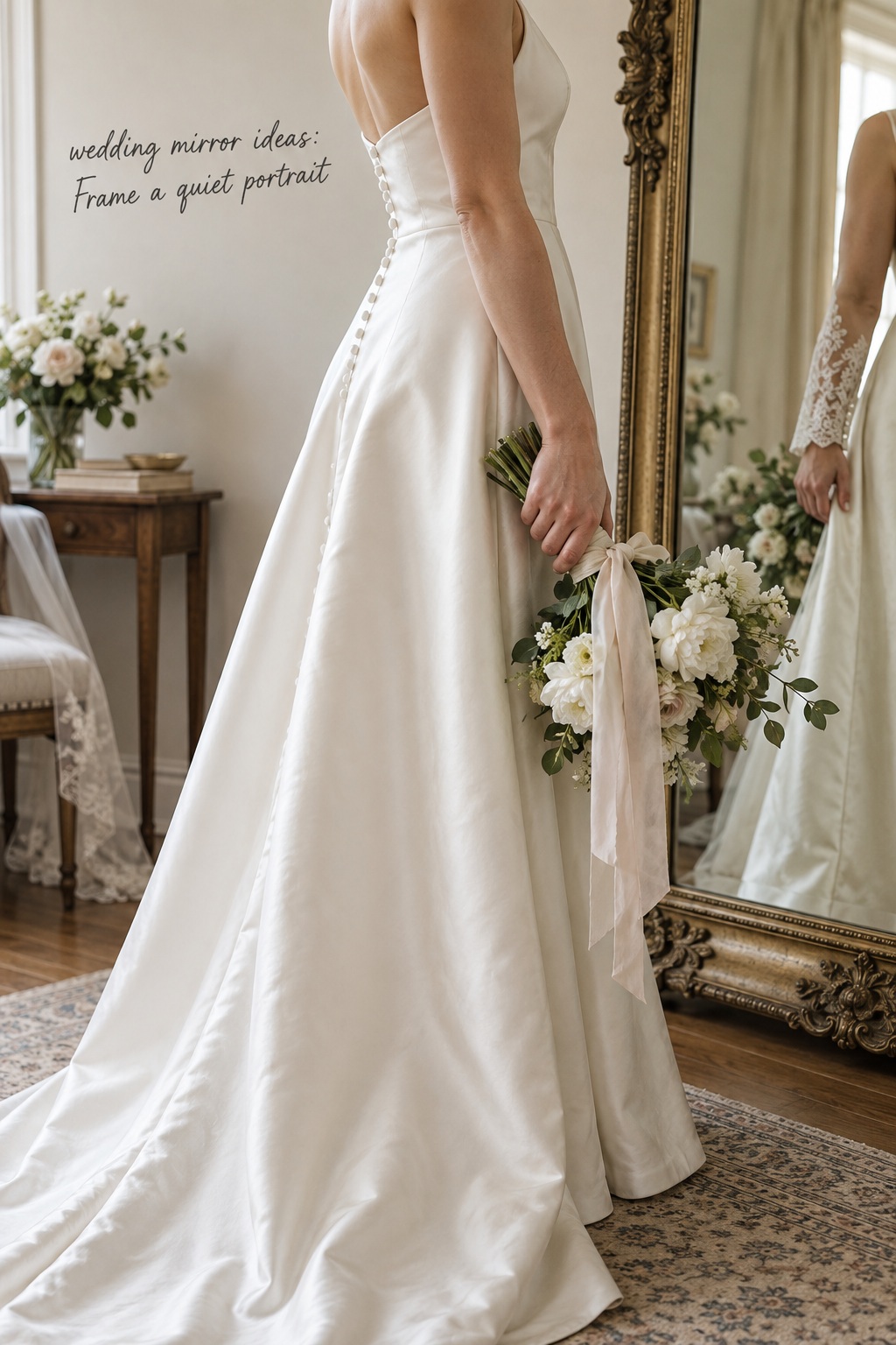 wedding mirror ideas showing ivory bridal gown and bouquet reflected in ornate frame