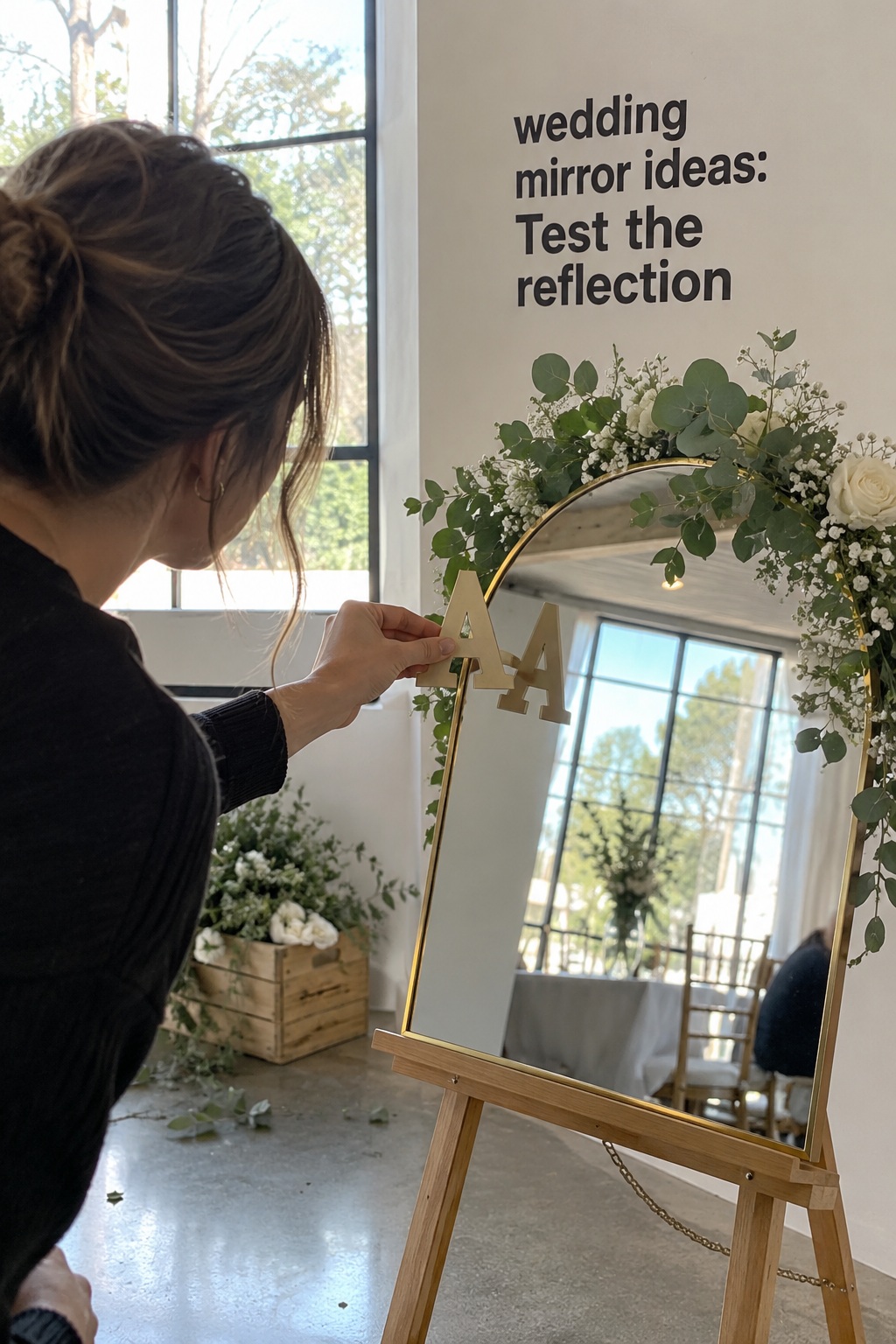 wedding mirror ideas tested for reflections beside a venue window and easel