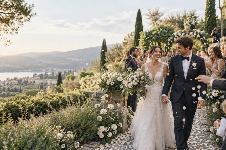 wedding photography ideas with newlyweds walking through a garden celebration