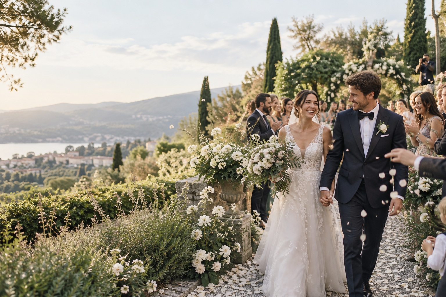 wedding photography ideas with newlyweds walking through a garden celebration