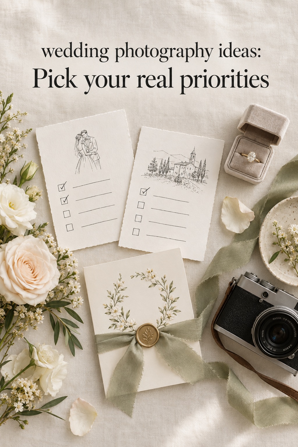 wedding photography ideas flat lay with priority cards, camera, flowers and ring box