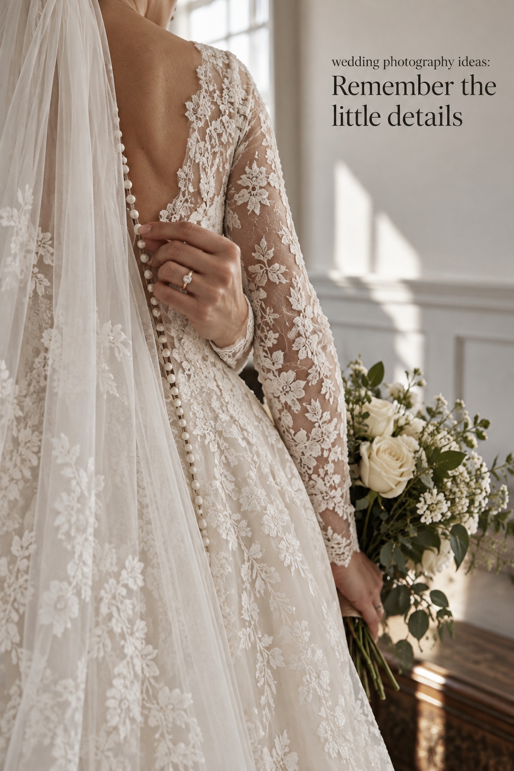 wedding photography ideas close-up of bridal dress lace, veil and bouquet