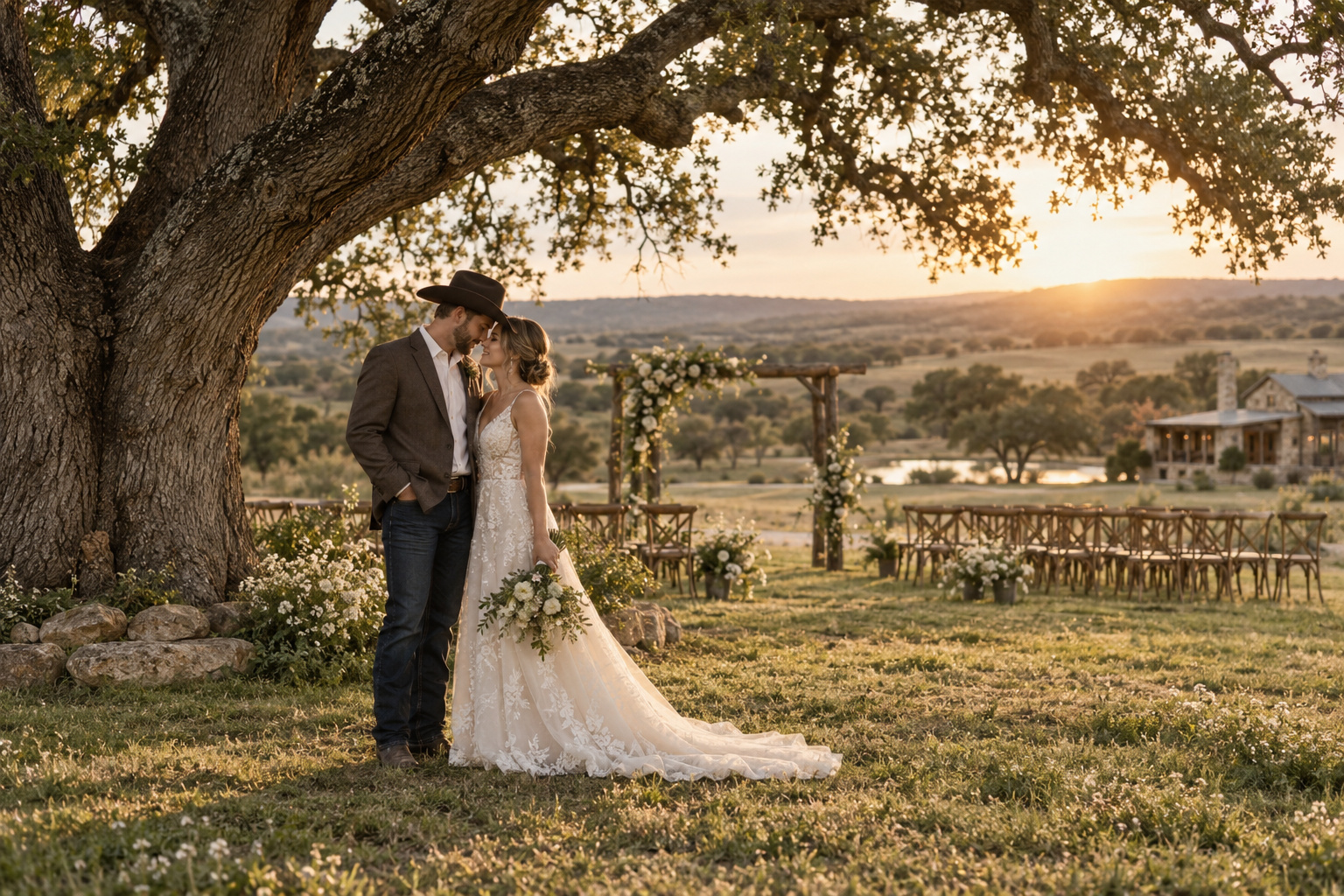 western wedding ideas with newlyweds beneath an oak at a ranch ceremony