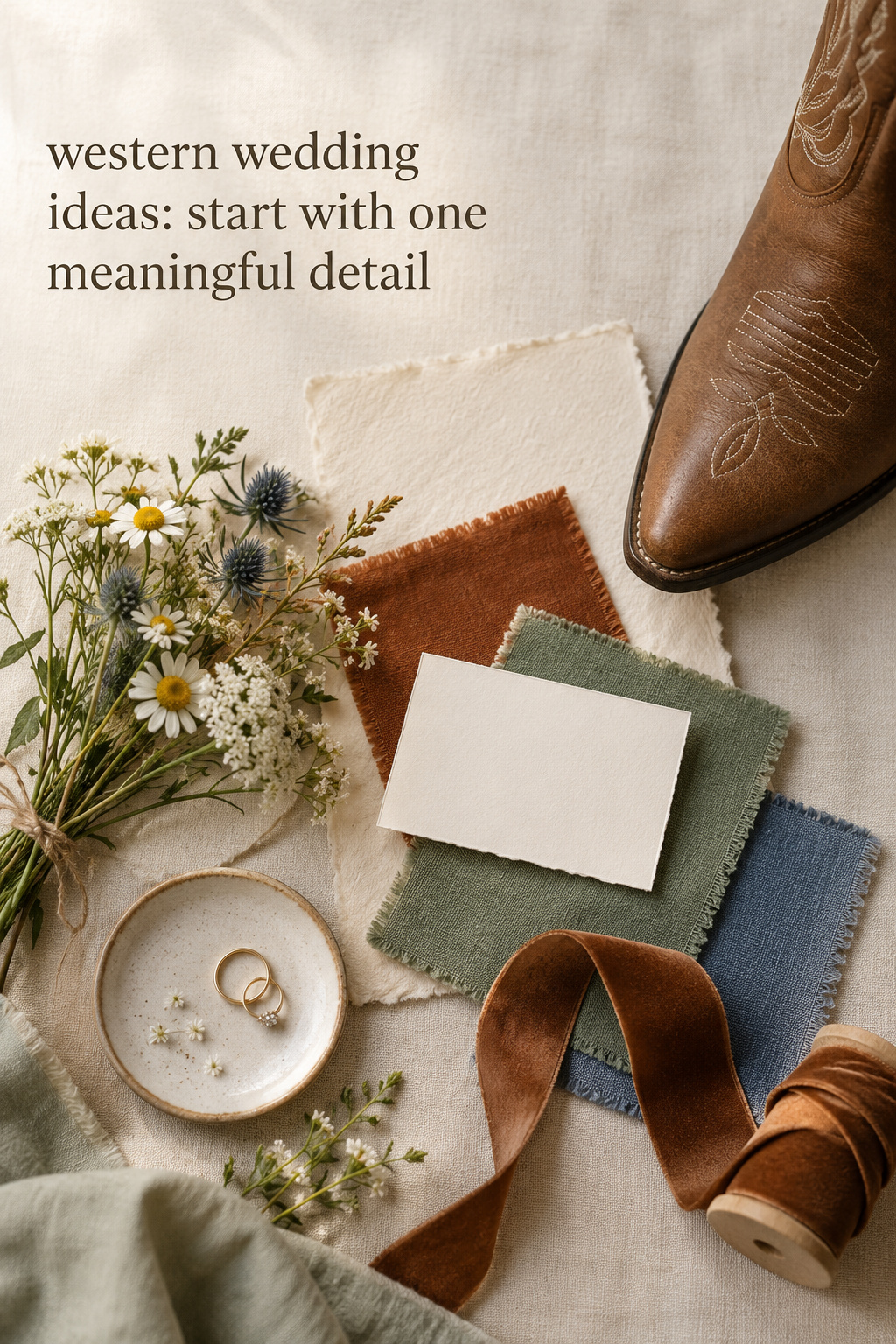 western wedding ideas flat lay with leather ribbon, wildflowers, and color swatches