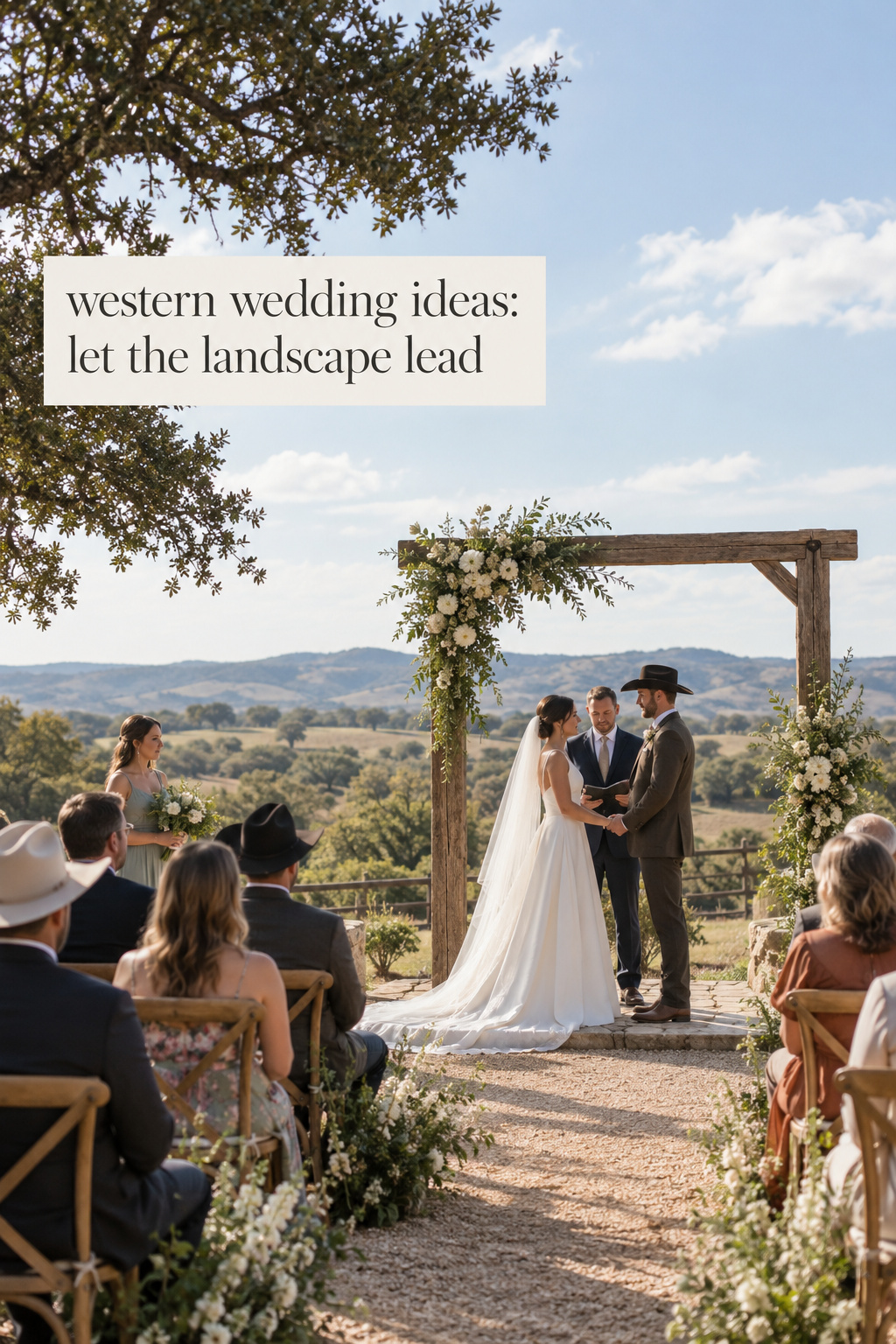 western wedding ideas at a ranch ceremony with a timber arch and rolling landscape