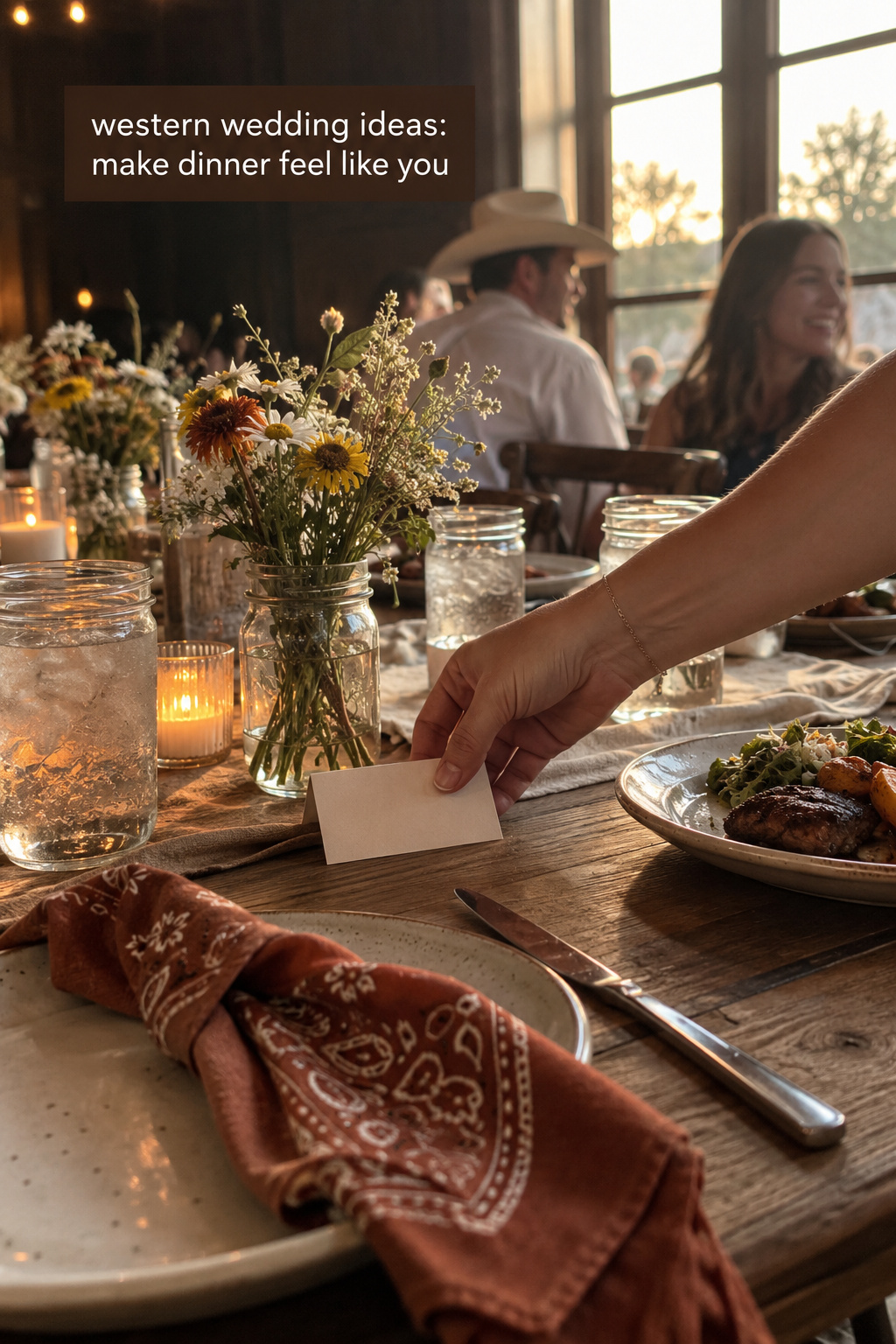 western wedding ideas in a candid reception table moment with wildflowers and a bandana napkin