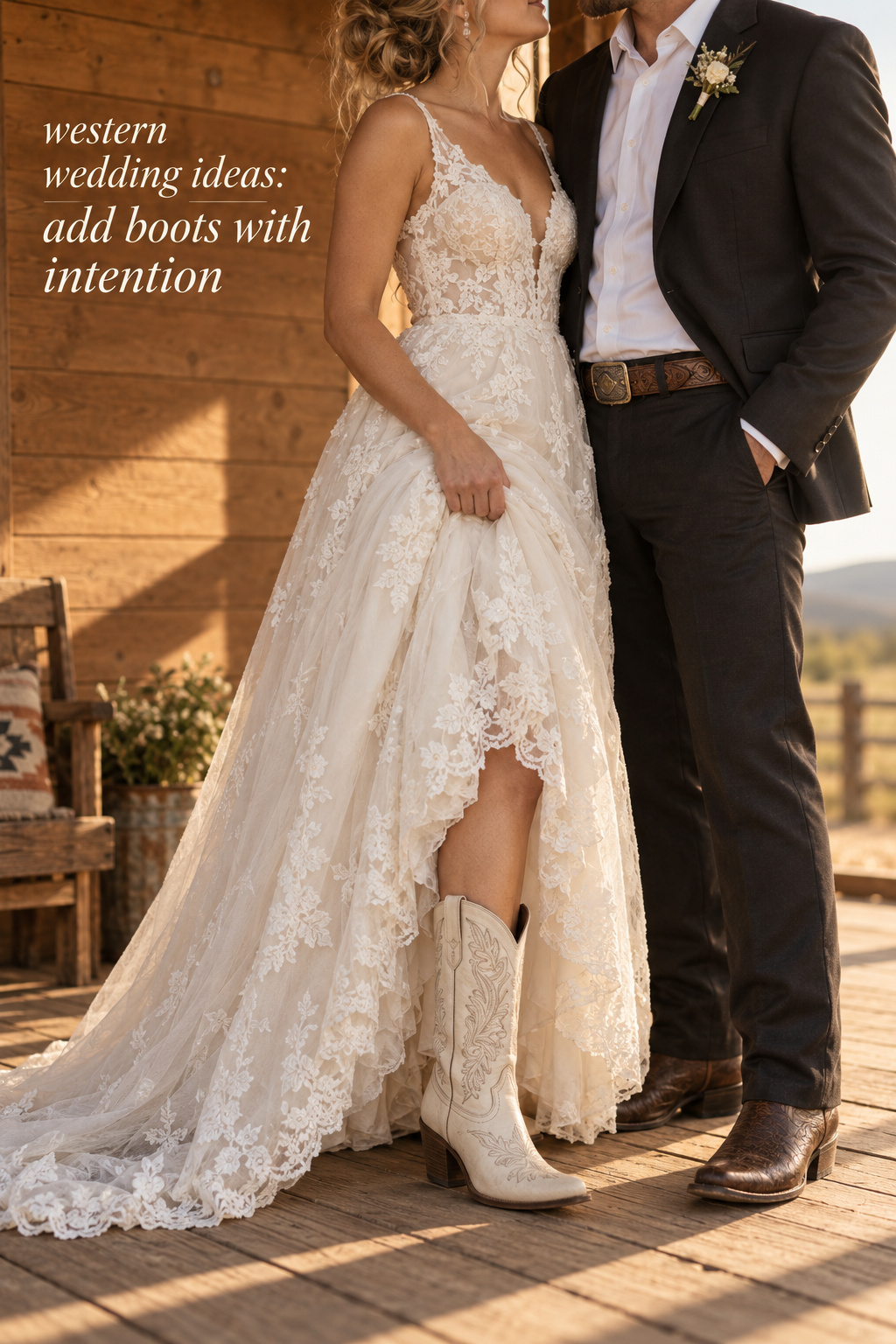 western wedding ideas with a lace gown, embroidered boots, and a tailored suit