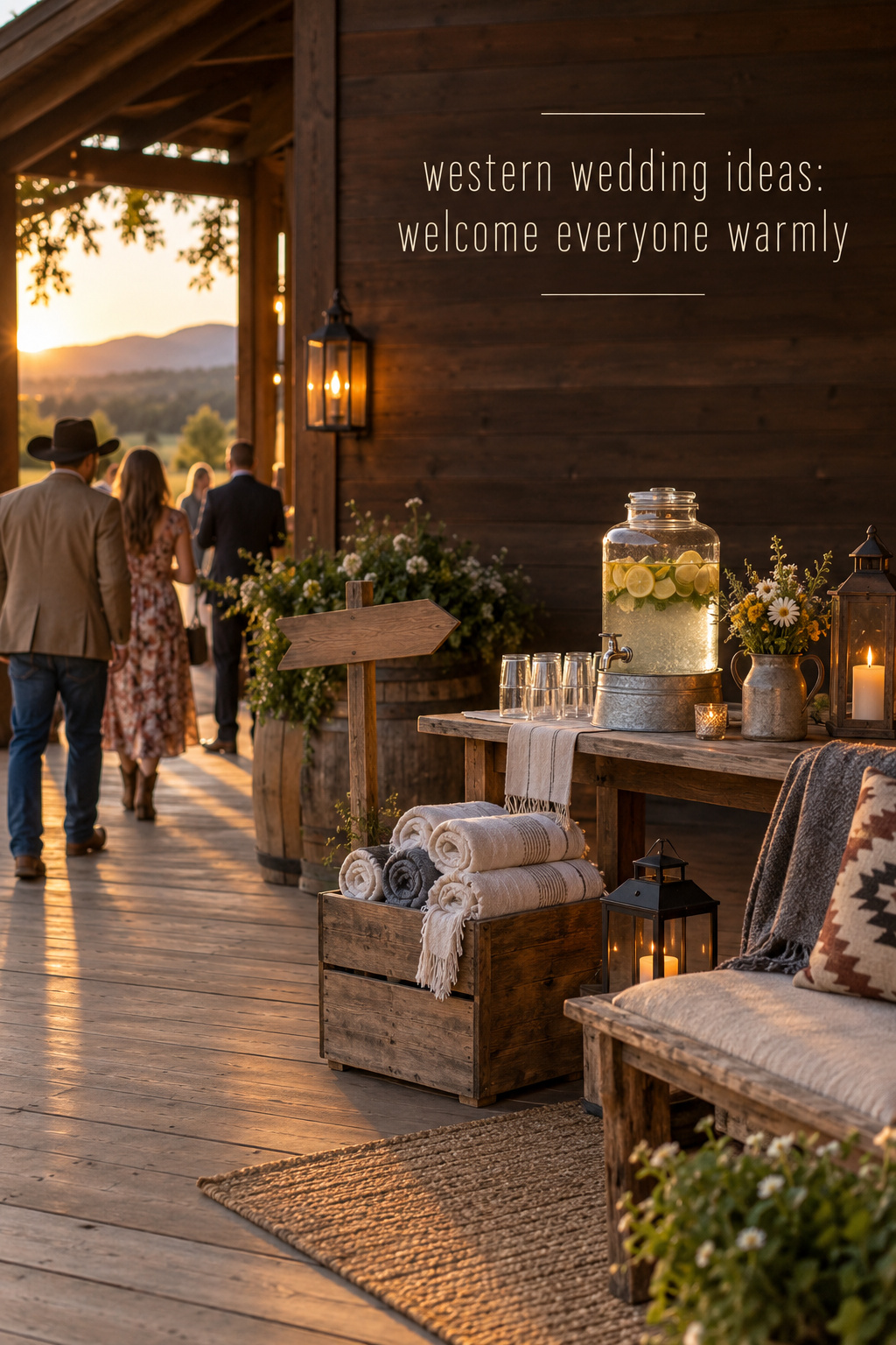 western wedding ideas for a welcoming ranch porch with water, wraps, and flowers