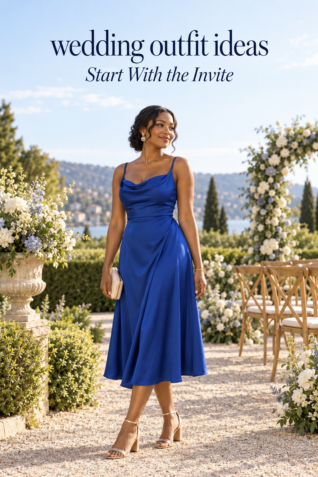 Wedding outfit ideas shown in a cobalt midi dress at a garden celebration