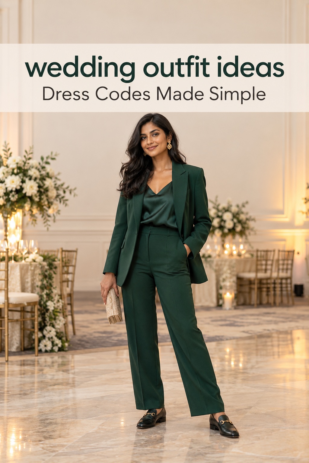 Wedding outfit ideas featuring a tailored forest-green trouser suit
