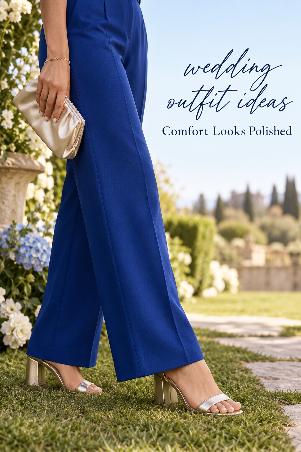 Wedding outfit ideas with comfortable block heels for a garden path