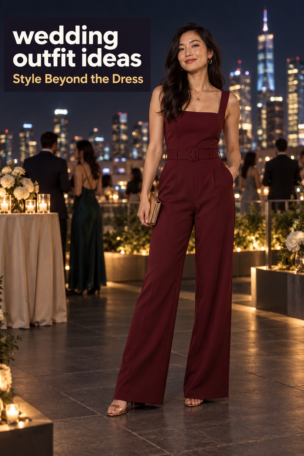 Wedding outfit ideas with a tailored burgundy evening jumpsuit