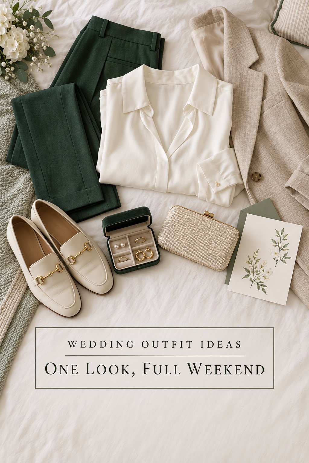 Wedding outfit ideas arranged as a coordinated weekend guest outfit flat lay