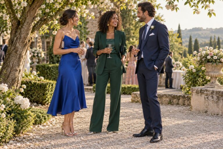 Wedding outfit ideas shown by three guests in dress, trouser suit, and formal suit